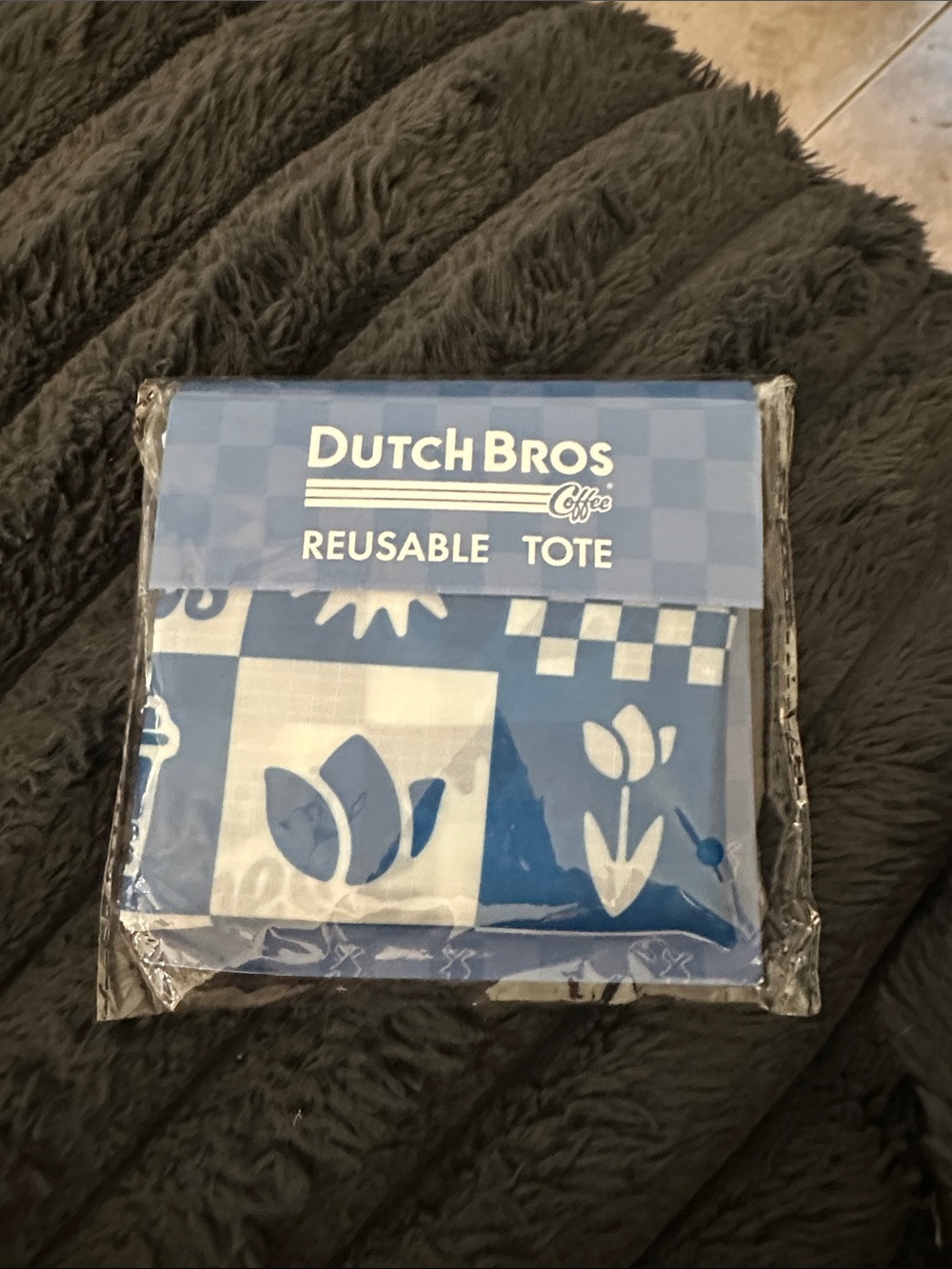 Dutch Bros Blue and White Floral Check Reusable Tote